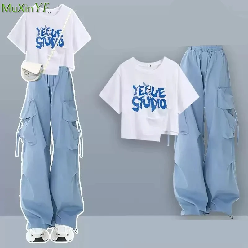 

Women's Summer Letter Print Short T Shirts Blue Cargo Pants Two Piece Set 2024 New Korean Lady Fashion Tops Trousers Outfits