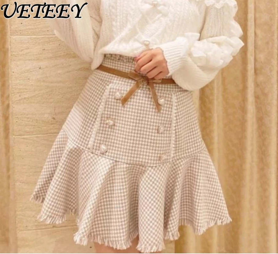 

Japanese Style Houndstooth Velvet High Waist Slimming Fishtail Hip Skirt Autumn and Winter Sweet Girl All-Matching Short Skirts