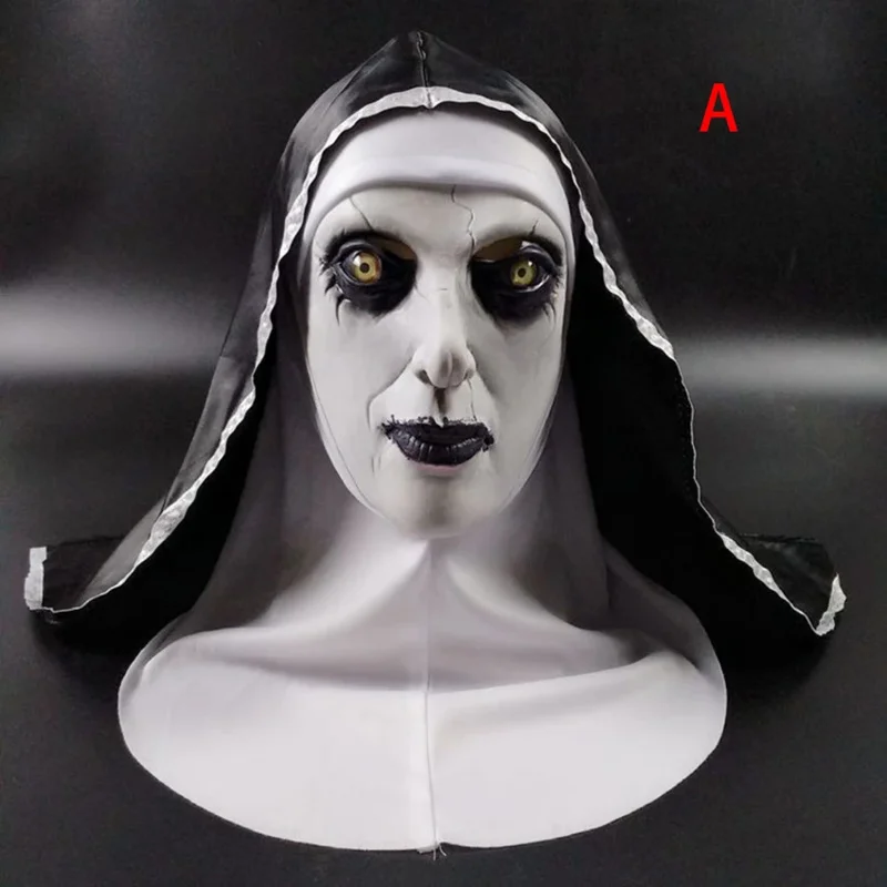 무서운 수녀 마스크 라텍스 공포 할로윈 코스튬, 여자 마녀 수녀 코스프레 이터 파티 케이프, 카니발 얼굴 마스크 변장 소품