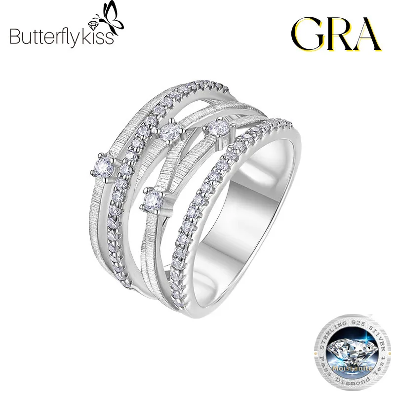 

Butterflykiss Real Full Moissanite Ring S925 Silver D VVS1 Lab Diamond Cross Row Ring For Women Wedding Engagement Fine Jewelry