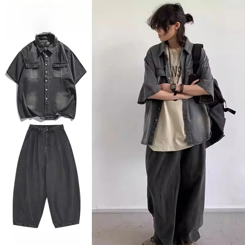 

Летний винтажный джинсовый комплект с коротким рукавом для мужчин и женщин с множеством карманов, повседневная рабочая одежда из полиэстеровой смеси