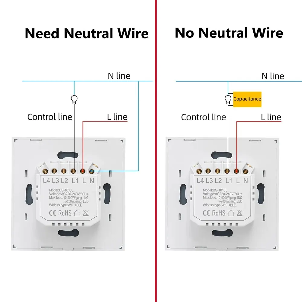 Smart Switch EU WiFi Smartlife Cavo neutro/Senza cavo neutro Interruttore della luce tattile 220V Funziona con Alexa Google Home 1/2/3/4 Gang