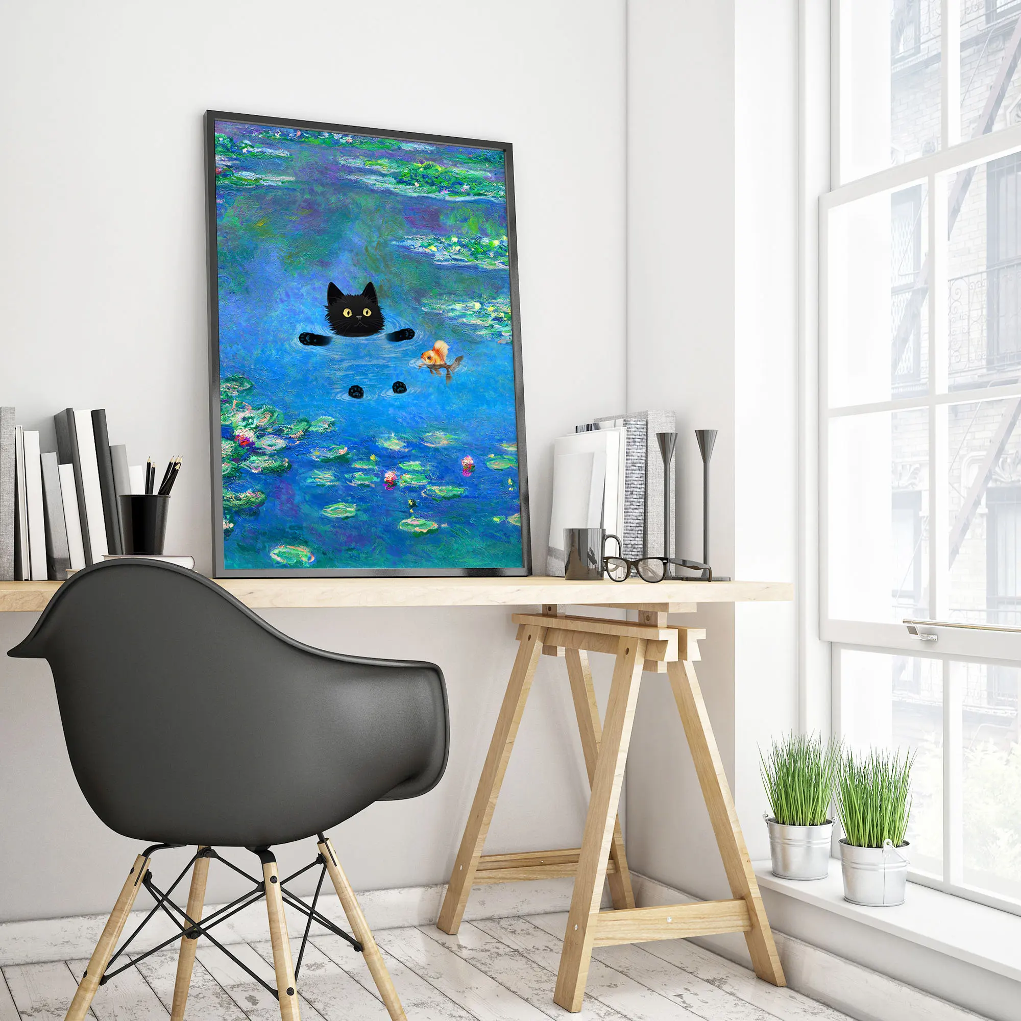 Claude Monet Artworks Interesting Cute Black Cat Lotus Pond Poster Canvas Paintings Wall Art Pictures for Living Room Home Decor