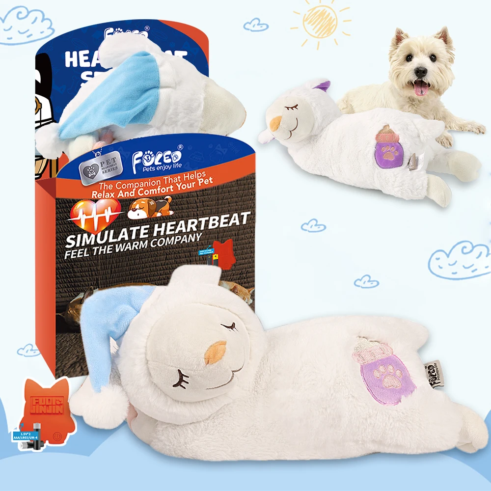 

White Lamb's Rib Puppy Plush Toy with Realistic Heartbeat Sound - Sleep Aid And Stress Relief for Pets