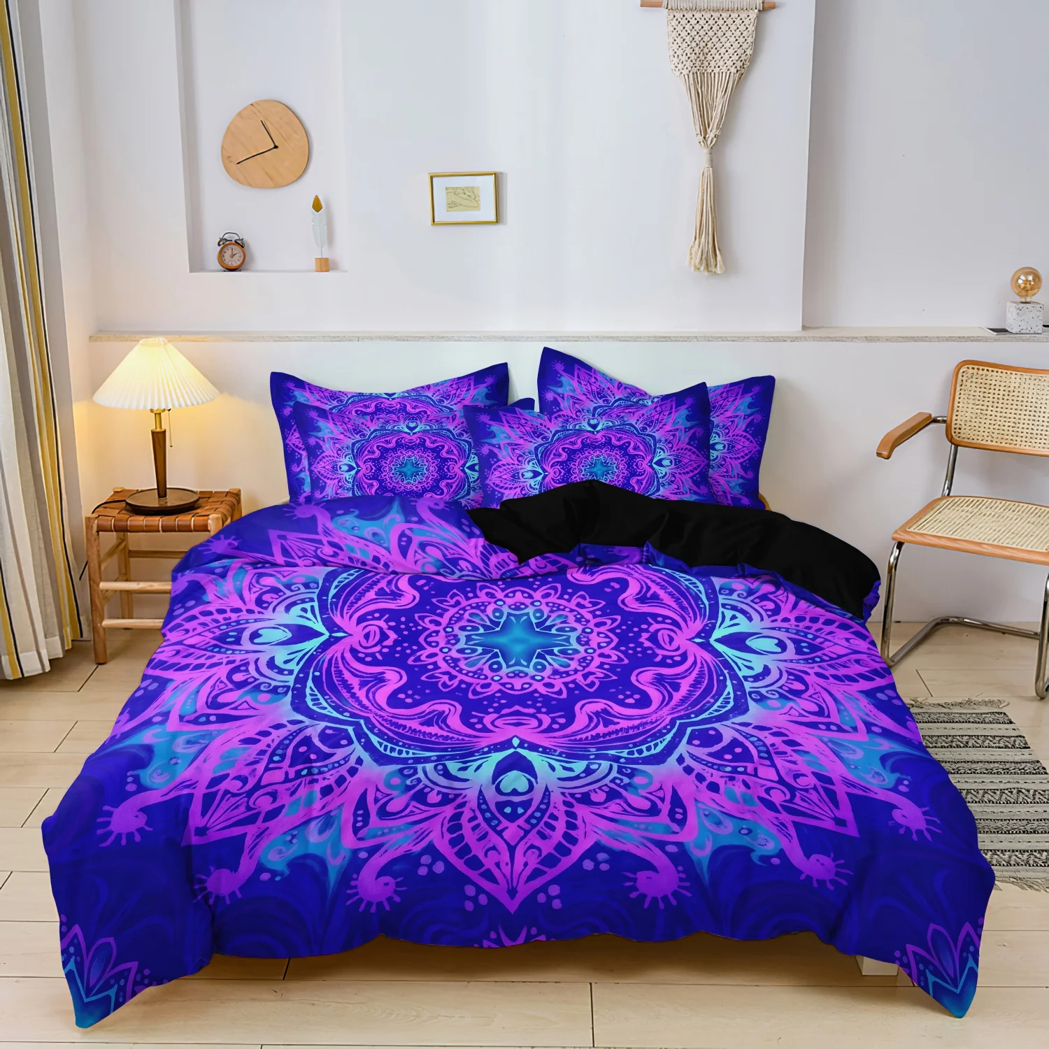 3 Pieces Vibrant Purple Blue Gradient Mandala Duvet Cover Set, Large Bohemian Hippie Floral Mandala Pattern Bedding