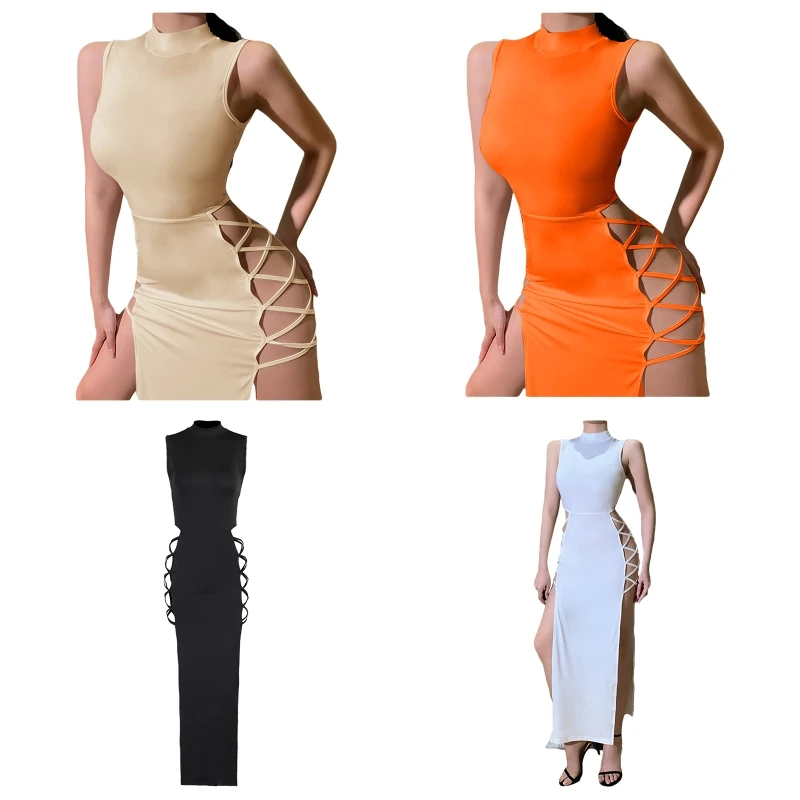 

Women Summer Sleeveless Mock Turtleneck Maxi Long Bodycon Dress Plain Solid Color Side High Split Strappy Skinny 10CF