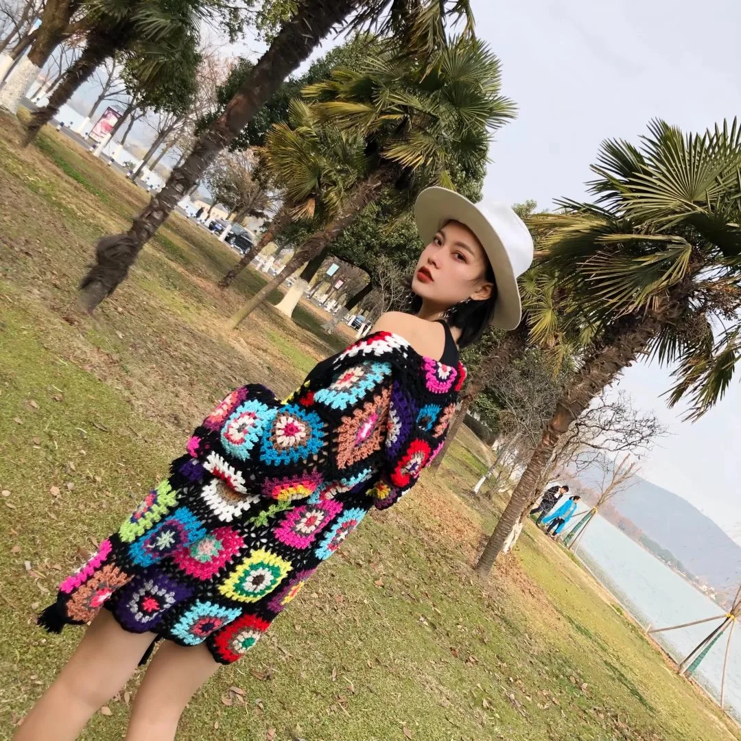 Bohemian Crochet Knitted Women Beach Cover Ups Colorful Plaid Casual Coat 2023 Summer Vacation New Popular Tassel Hook Cardigans