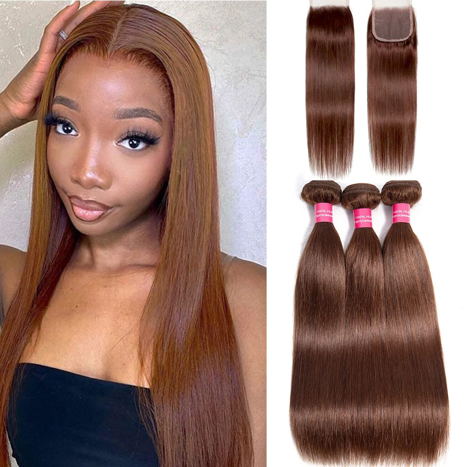 Light Brown Straight Human Hiar Bundles With Closure Chocolate Brown Unprocessed Brazilian Straight hair with 4x4 Lace Closure