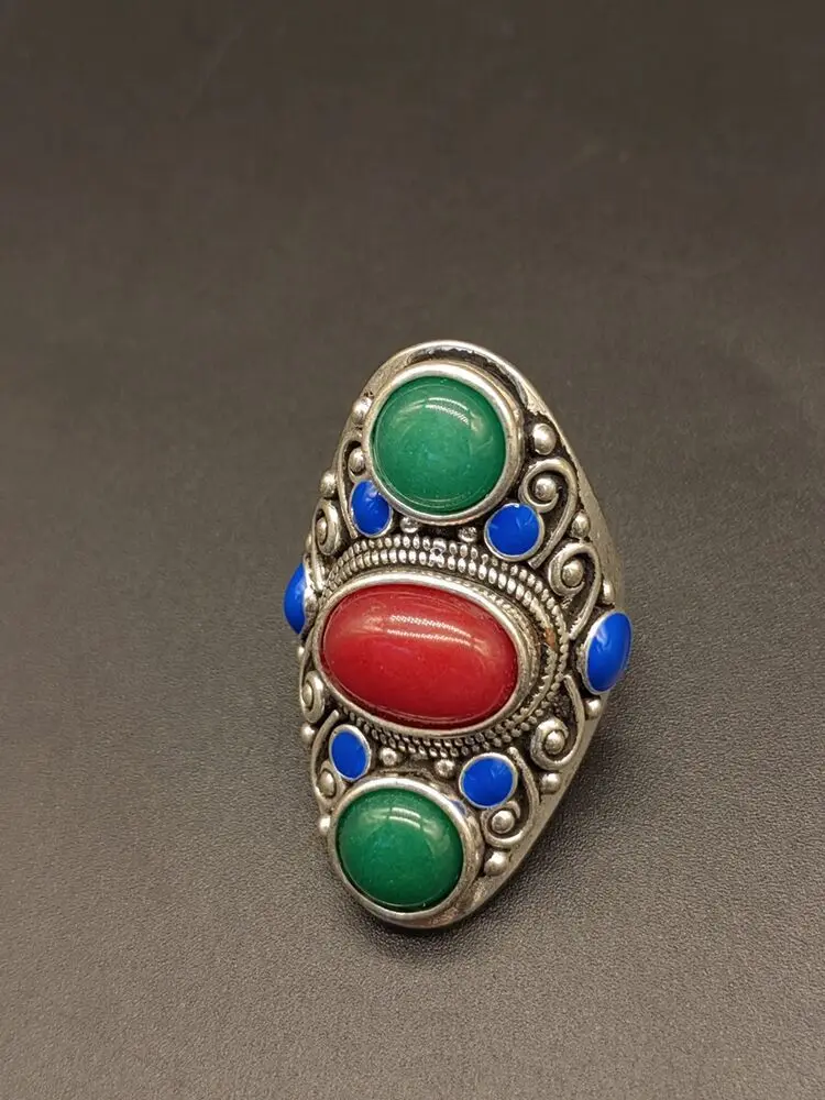 

Exquisite Old Chinese Tibet Silver Inlaid Gem Handmade Ring Statue