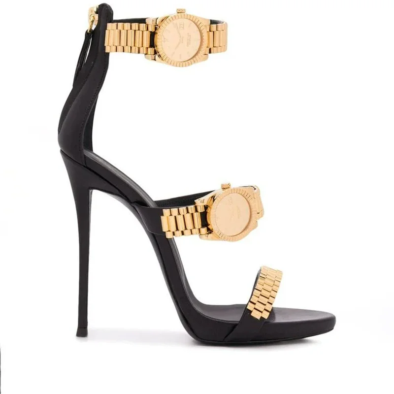 Stiletto sandals summer new round head one-line metal watch strap sexy sandals banquet dress large size customized women's shoes