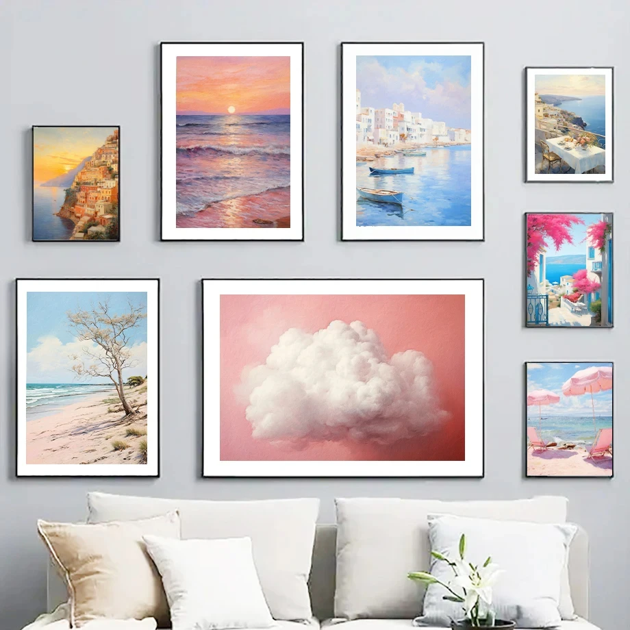 Beach Seaside Sunset Surfboard Hot Air Balloon Pink Balloon Fashion Wall Art Canvas Painting Nordic Poster Room Decor