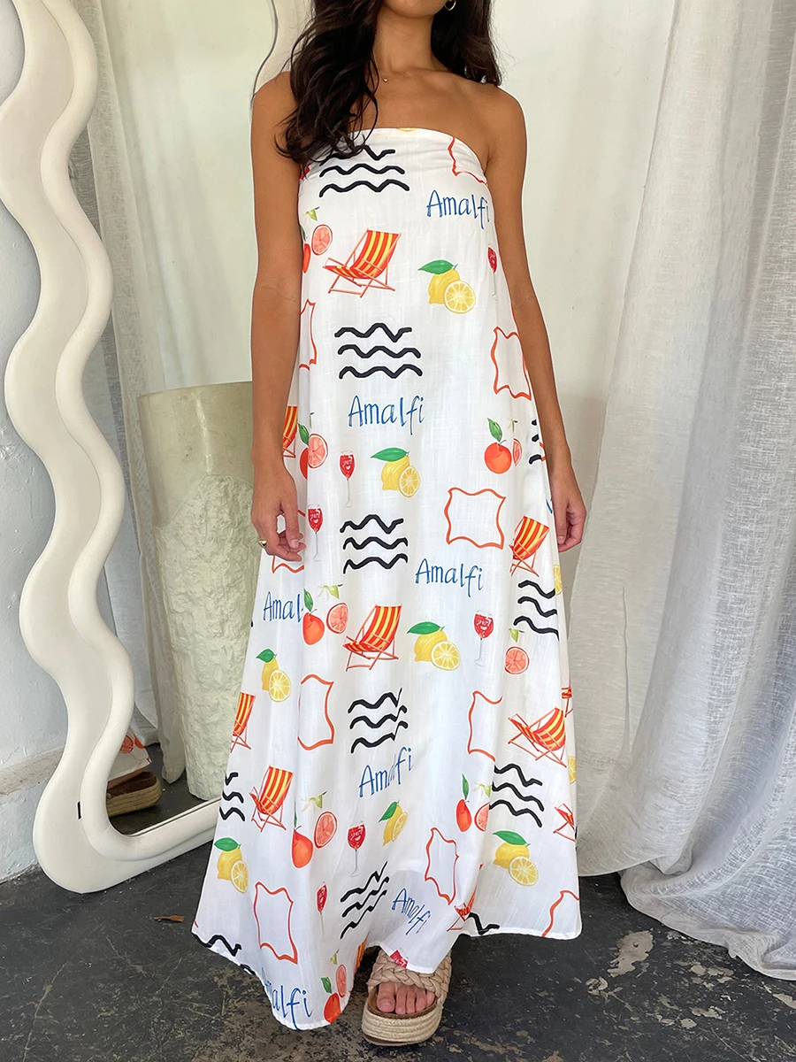 

Women Summer Strapless Tube Top Maxi Dress Sexy Backless Fruit Print Swing Long Dress