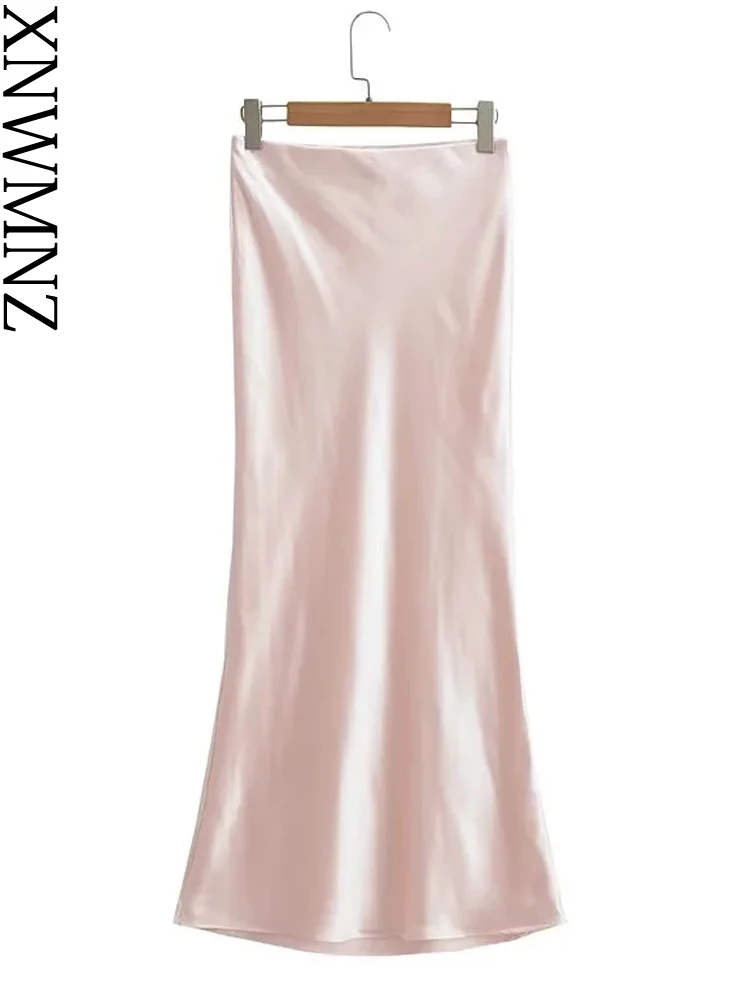 XNWMNZ 2023 Women Fashion Flowing Satin Long Skirt Woman High Street Elastic High Waist Slim Fit Versatile Female Chic Skirt