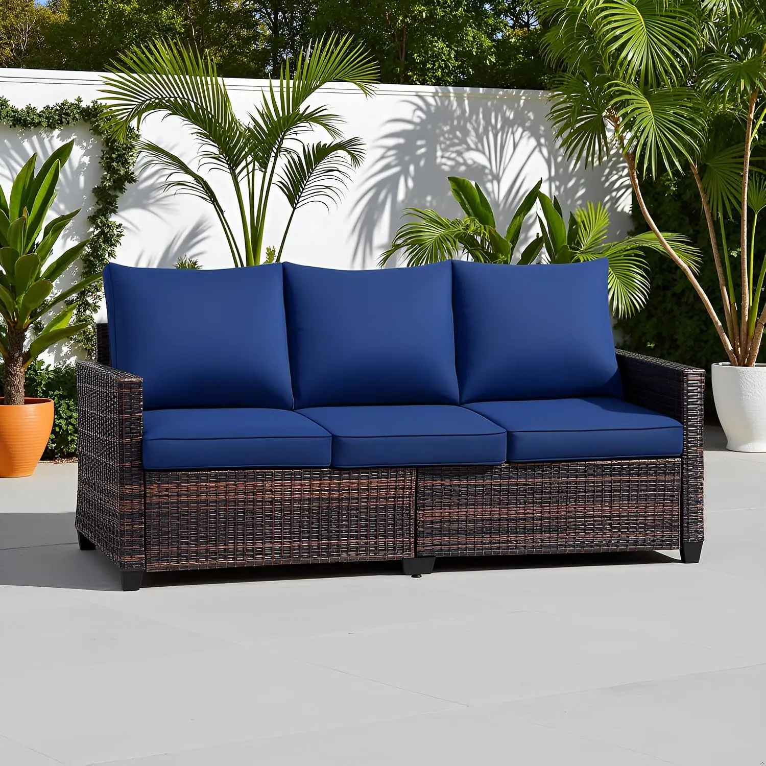 3-Seat PE Rattan Outdoor Sofa, Deep Seat Thick Cushions, All-Weather Patio Garden Deck Furniture, Blue, Customized