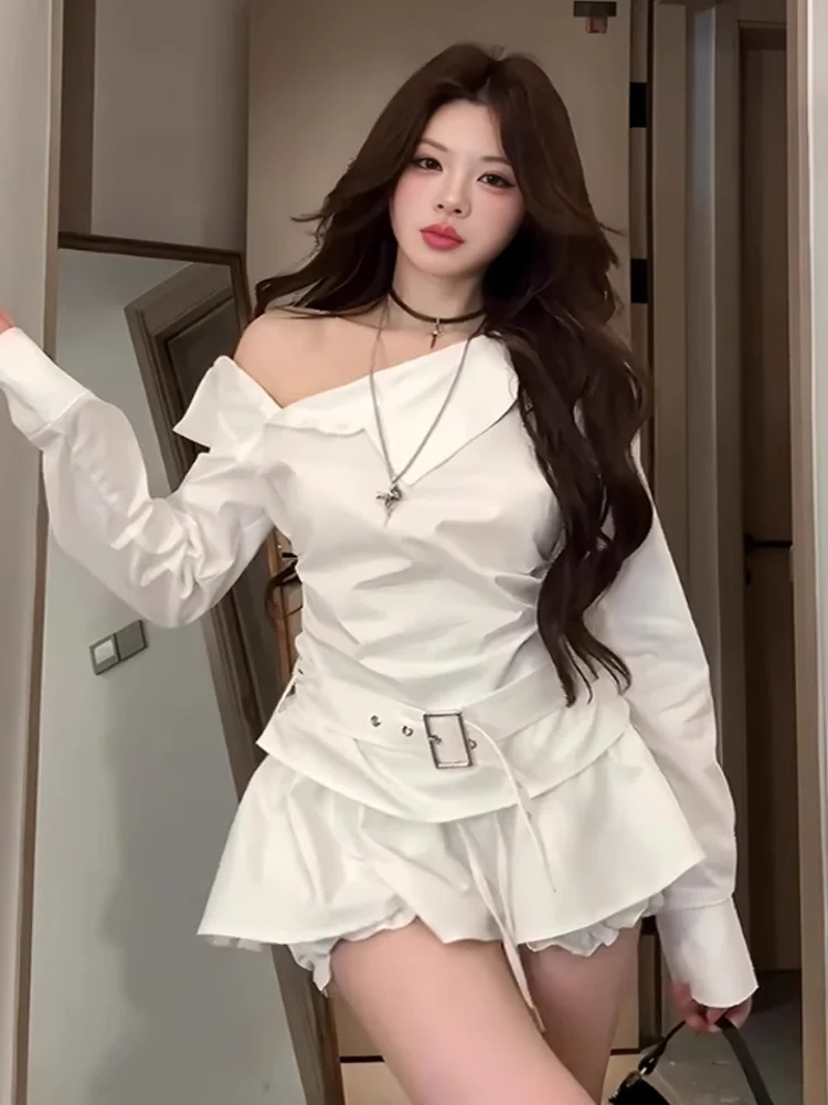 

Korean Sweet Spicy Style Short Shoulder Pleated Waist Belt Women's Shirt Spring Design Slimming Sexy Top Long Sleeve Retro Co...