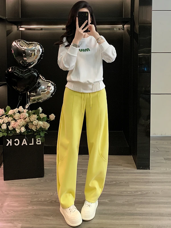 

Fashion Anti-Aging Casual Sportswear Set Women's Yellow Wide Leg Pants Two-Piece Set Autumn New Style European Brand Hoodie