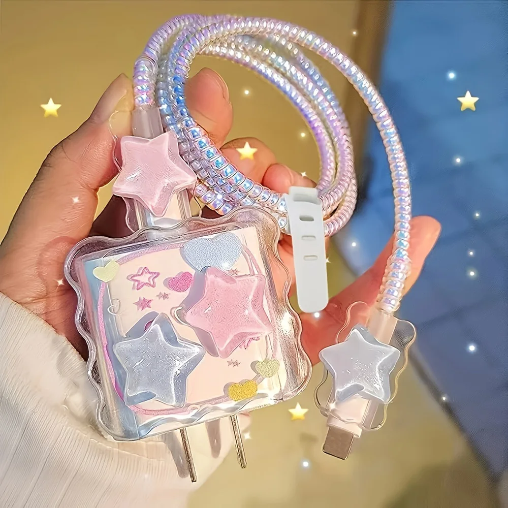 5pcs/Set Blue Pink 3D Star Wave Shell For iPhone 20W 18W Charger Protective Case Cable Organizer Charging Head Protector Cover