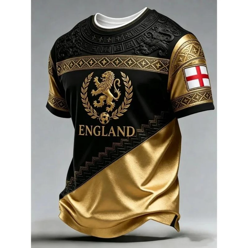 2026 Premium Black Gold England Fan Inspired Soccer Jersey Golden Lion Wreath 3D Print Unisex Luxury Fan Sports Short Sleeve Top