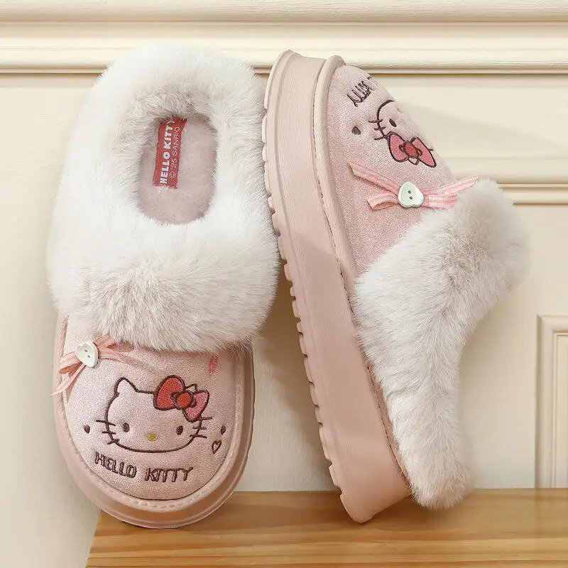 Cartoon Plush Cotton Slippers San-rio Hello Kitty Anime Women's Winter Warm New Anti-Slip Wear-Resistant Thick Sole Home Shoes gallery 3