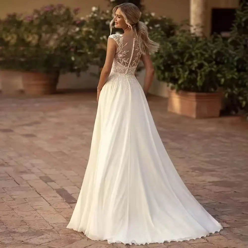 Elegant Boho Lace Wedding Dress Chiffon O-Neck Illusion Back Side Split Applique Bridal Party Gown Vestidos De Novia Customized