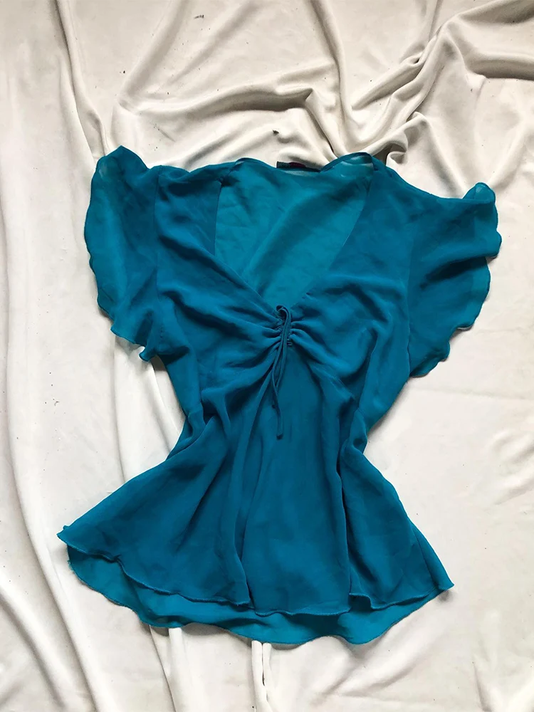 

Оригинальный винтажный синий женский топ ort Sve, утягивающий дизайн талии, высококачественная повседневная футболка из полиэстера с принтом