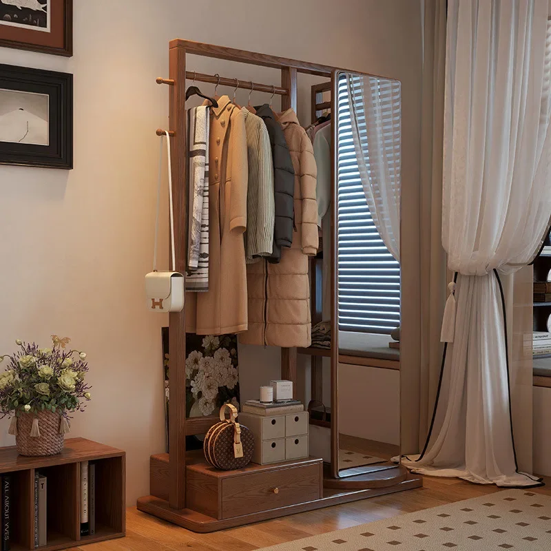 Solid wood coat rack floor-to-ceiling bedroom home living room full-body mirror clothes rack hanging hanger full-length mirror