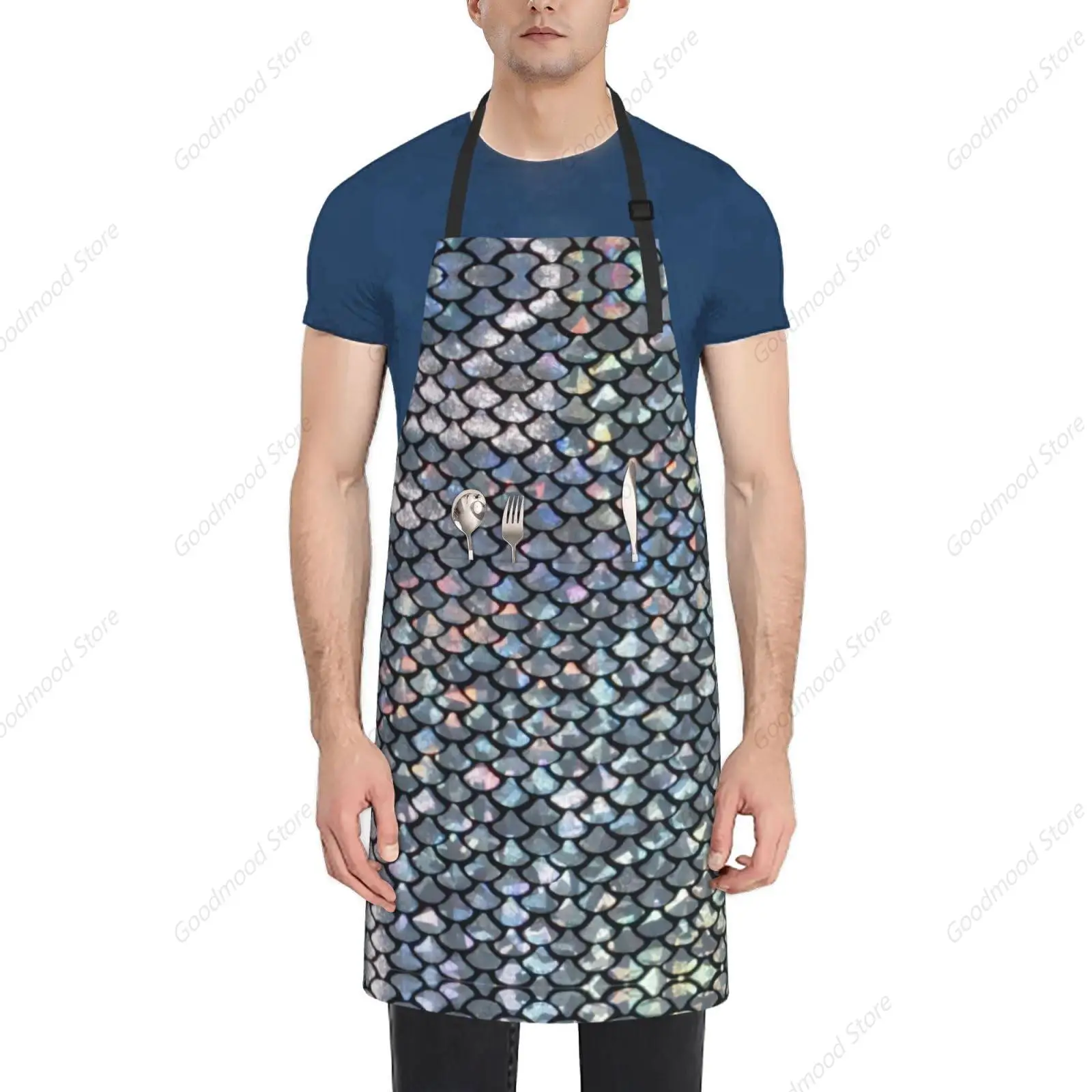 Silver fish scale Print Adjustable Impermeable Apron With 2 Pockets For Cooking Baking BBQ Gardening