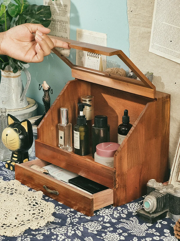 Vintage bedroom dresser solid wood storage box drawer type wooden perfume cosmetics desktop glass dustproof cabinet