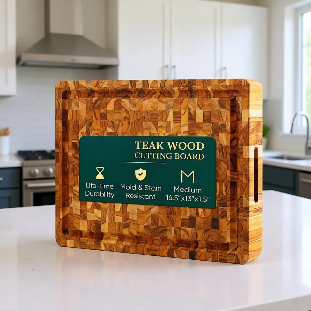 

17L x 13W Medium End Grain Teak Cutting Board, 1.5 Thick, Pre-Oiled, with Juice Groove and Easy Grip Handle