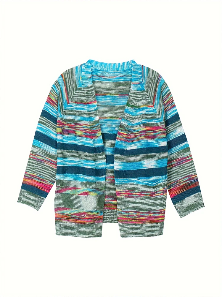 بالإضافة إلى حجم مجردة شريط الجبهة المفتوحة سترة متماسكة عارضة طويلة الأكمام سترة مع جيوب أزياء المرأة