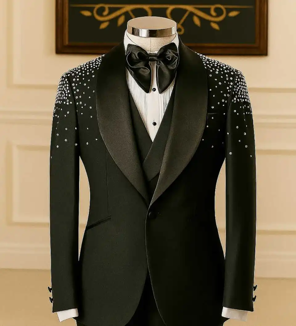 Rhinestone Luxurious Wedding Suits For Groom Shawl Lapel Single Breasted Tuxedos 2 Pcs Jacket Pants Party Prom Customized