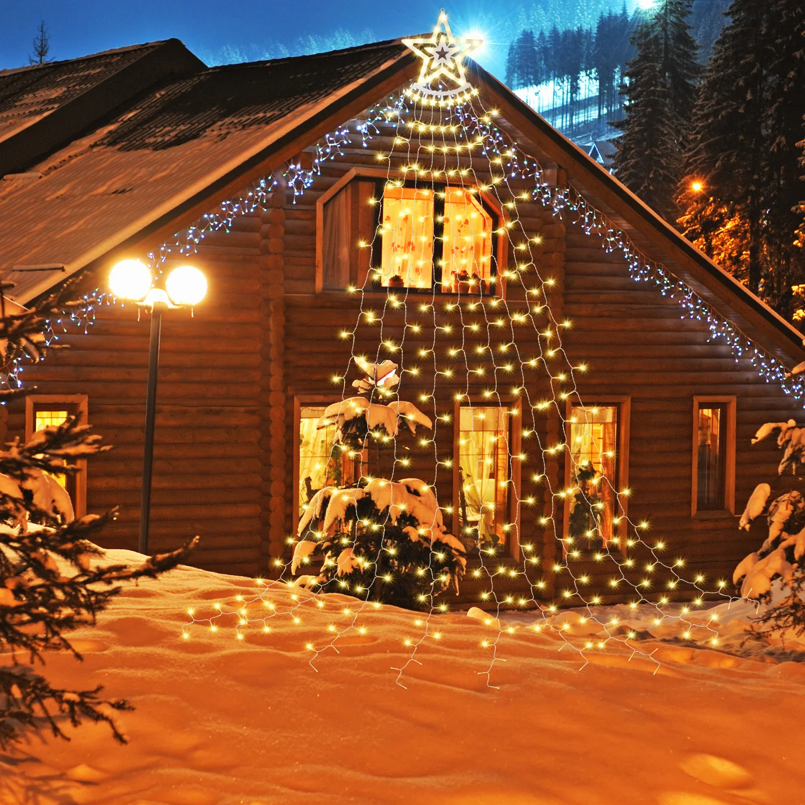 

350 LED Christmas Star Waterfall Light Outdoor Decorative Xmas Tree Hanging Lights Yard Patio Garden Warm Holiday Glow