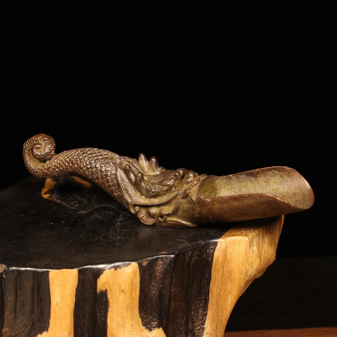 Old Chinese Dynasty Bronze Wealth Dragon Loong Beast Head Scoop Shovel Statue