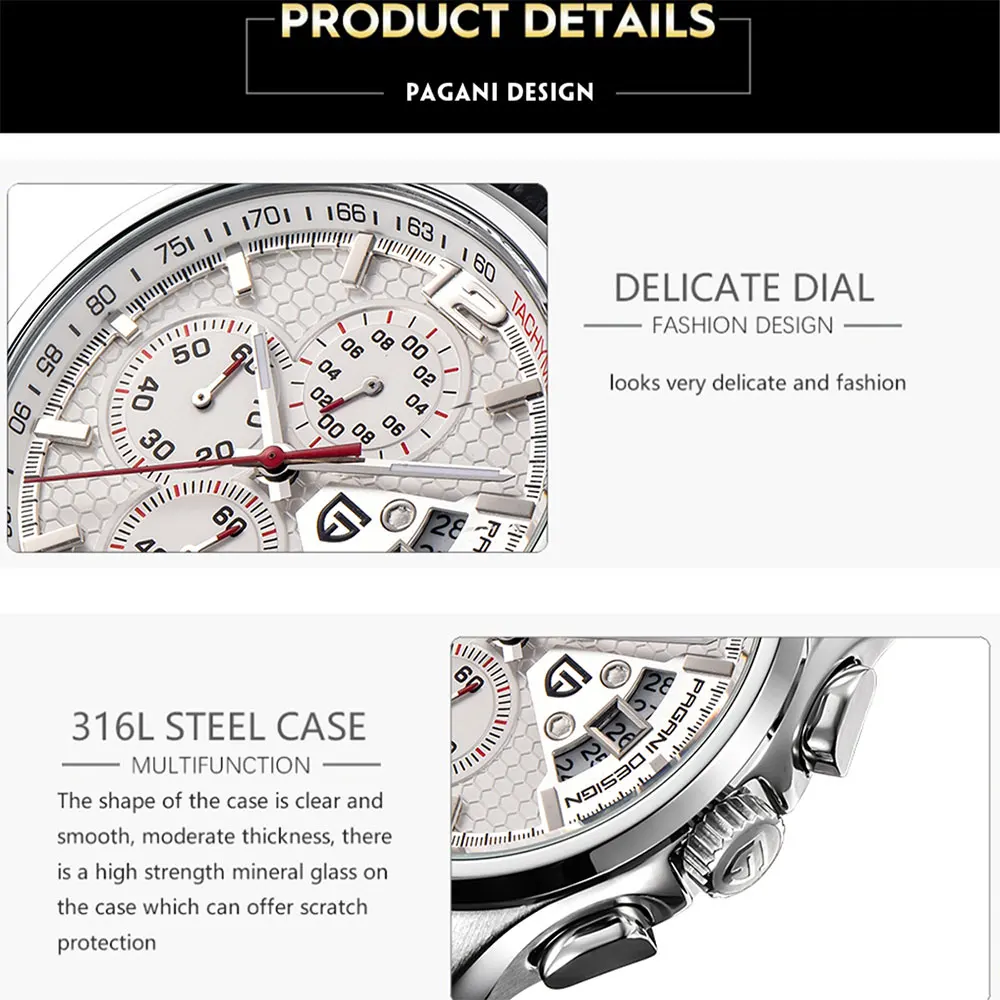 PAGANI DESIGN New PD-3306 Chronograph Men Watch Top Brand Classic Leather Waterproof Quartz Wristwatch for Man Gift Reloj Hombre view 6