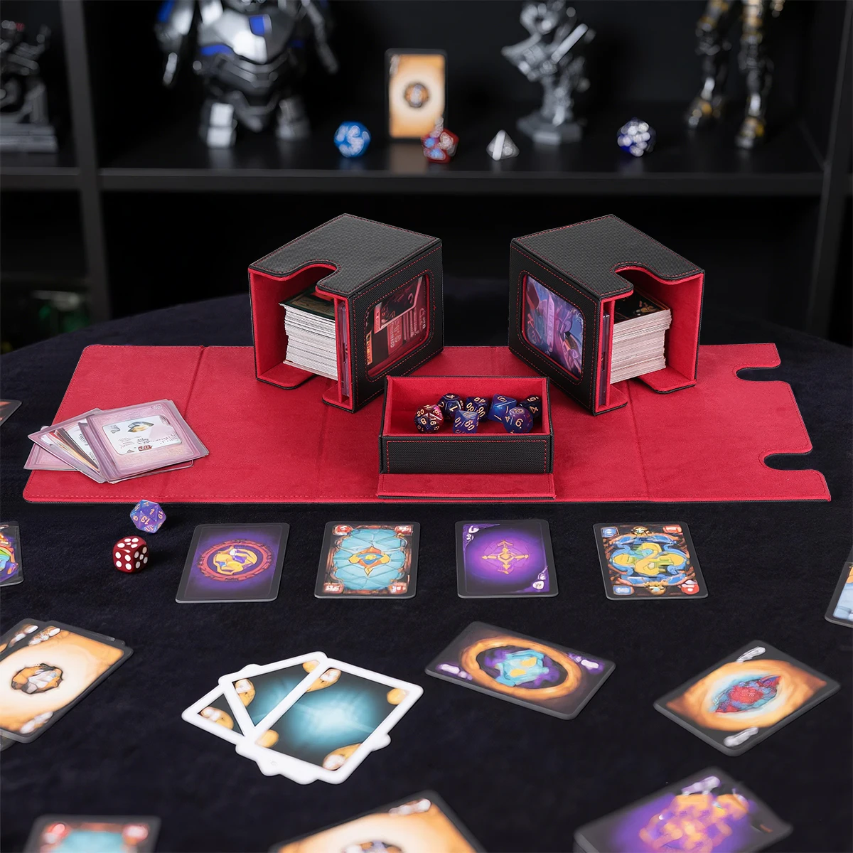 DIY accessory storage box, consisting of two card boxes with windows and a dice box, effectively protects the cards from damage