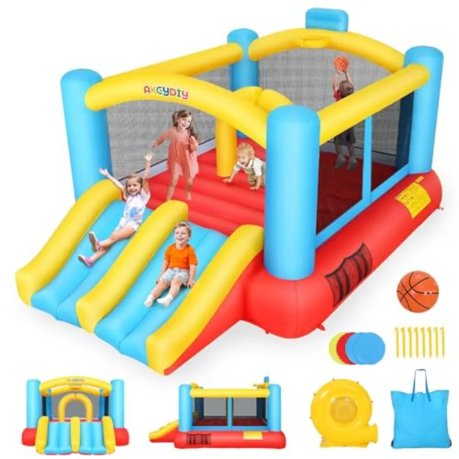 

Надувной Bounce House для детей от 3 до 12 лет, 12,3 фута x 9 футов, отказный домик с препятствиями и двойной гоночной горкой, баскетбольный диск, надувной замок Ju