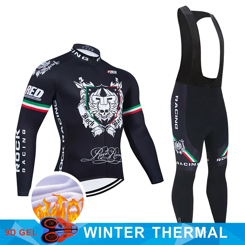 ROCK RACING Winter Cycling Jersey Bib Set Black Bicycle Clothing Ropa Ciclismo Winter Thermal Fleece Men\'s Long Cycling Wear