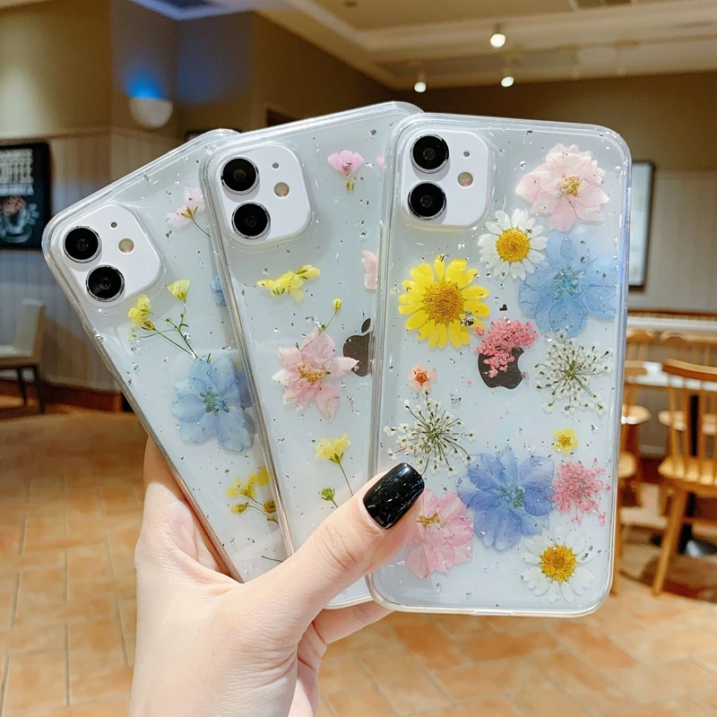 Dry Flower Transparent Phone Case For iphone 11 12 13 14 mini Pro Max XS X XR 7 8 plus SE 2020 Soft Shockproof Cases Cover