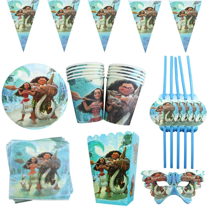 Disney Moana Theme Party Set Vaiana Oceania Plate Banner Cake Topper Plate Kids Birthday Party Decoration Balloons Girls Favor