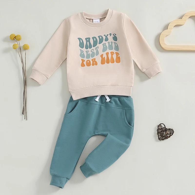 Baby Boy Girl Fall Outfit Letter Print Long Sleeve Sweatshirt Elastic Waist Pants with Pockets 2 Piece Set