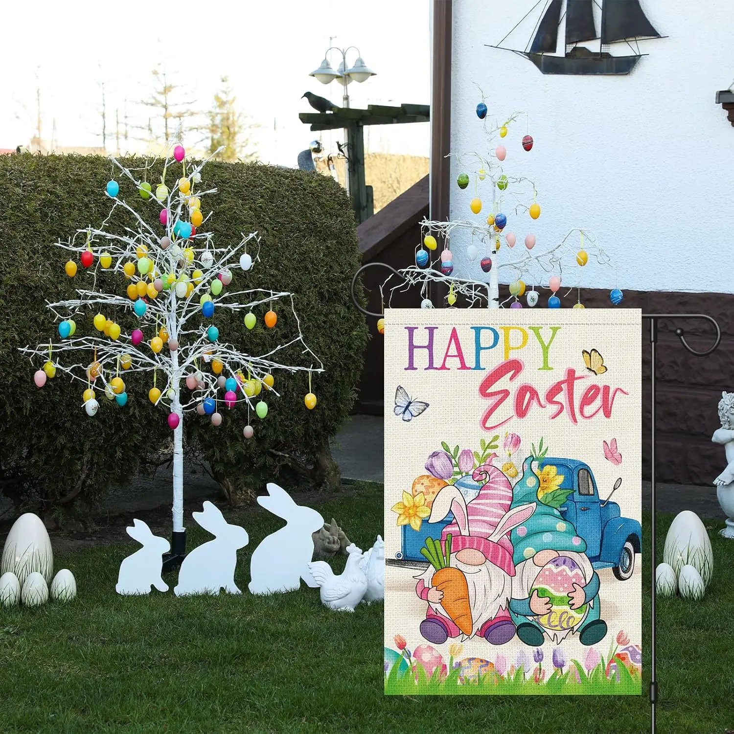 Happy Easter Garden Flag 12x18 Inch Vertical Double Sided, Burlap Small Gnomes Truck Yard Flags for Outside Farmhouse Holida hhz