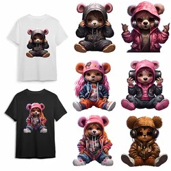 DTF Iron Sticker PPatch for Clothing  Cartoon Girl Bear Pink Earphones Cute T-shirt Hoodie DIY Jacket Sticker Waterproof