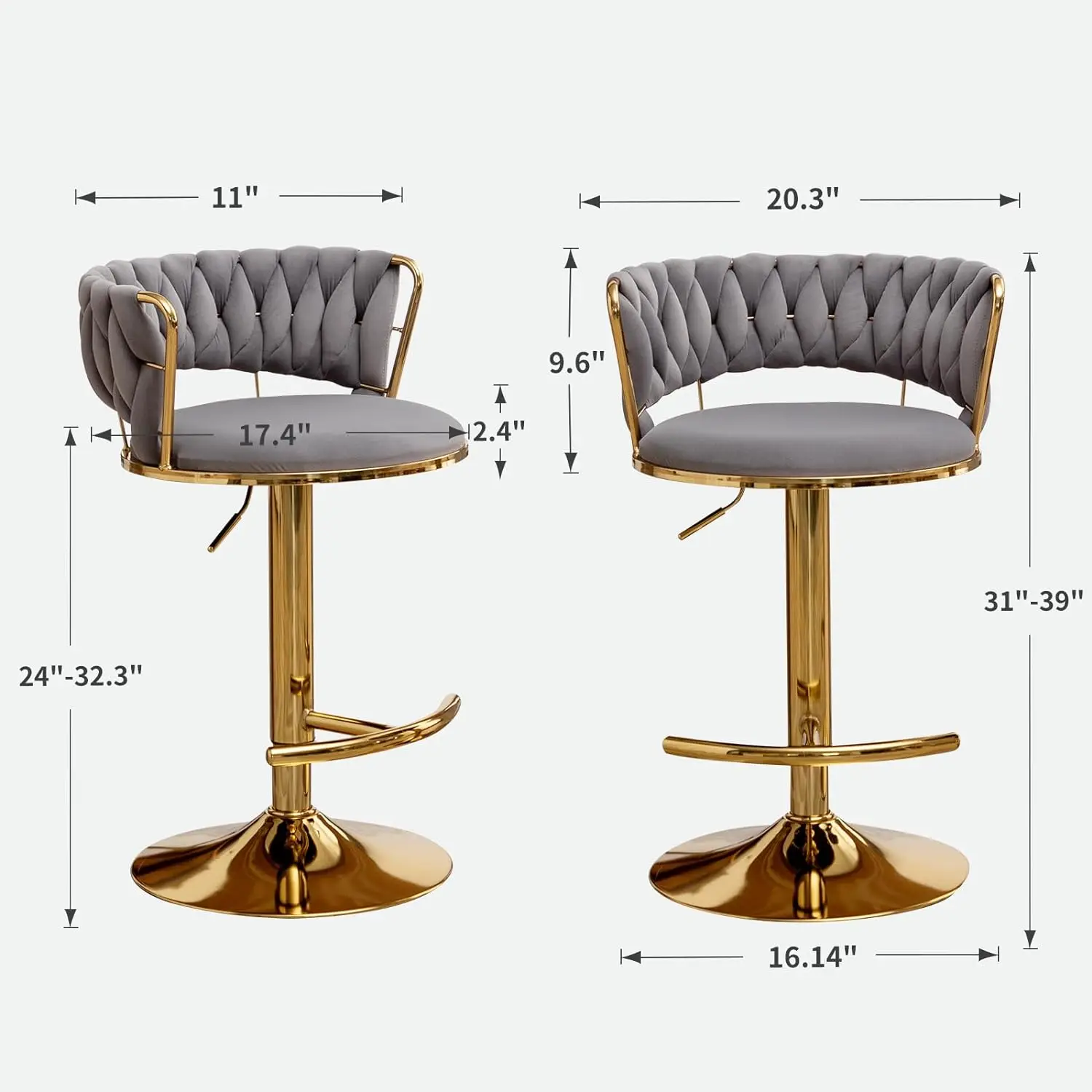 Bar Stools Set of 2, Modern Gold Velvet Barstool with Backs, Adjustable Height and Swivel, Kitchen Bars Chairs, Bar Chair