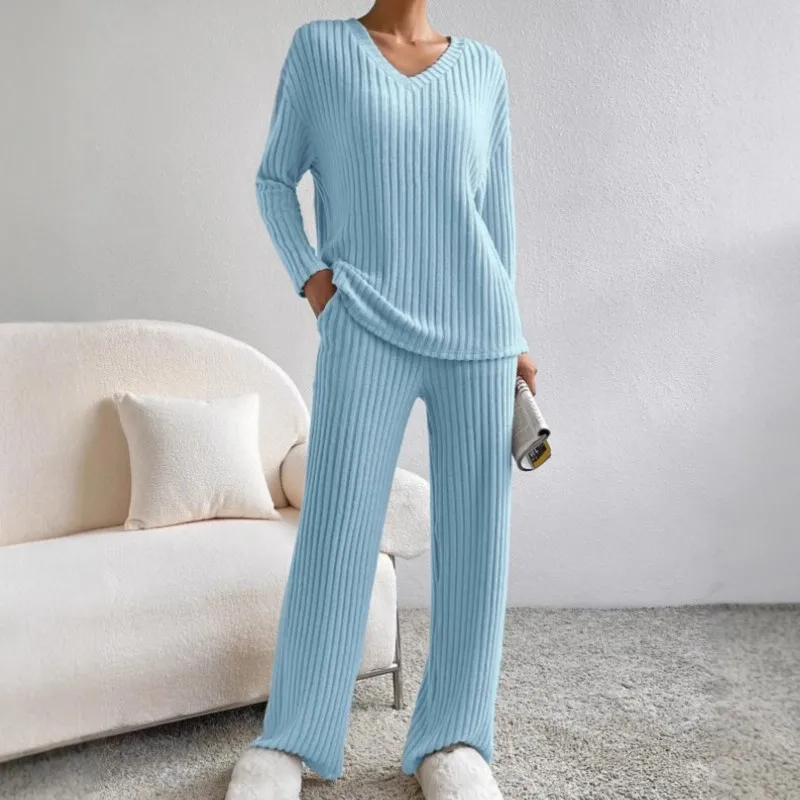 

Autumn New Women's Fashion Casual Straight Leg Pants With Loose V-neck Pit Stripe Knitted Long Sleeved Pants Two-piece Set