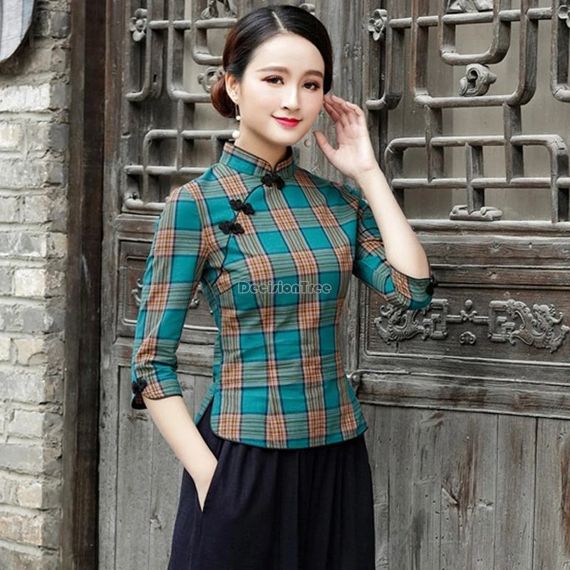 

2024 summer new chinese style cheongsam plaid pattern blouse slim-fit retro improved half sleeve tang suit daily blouse w587