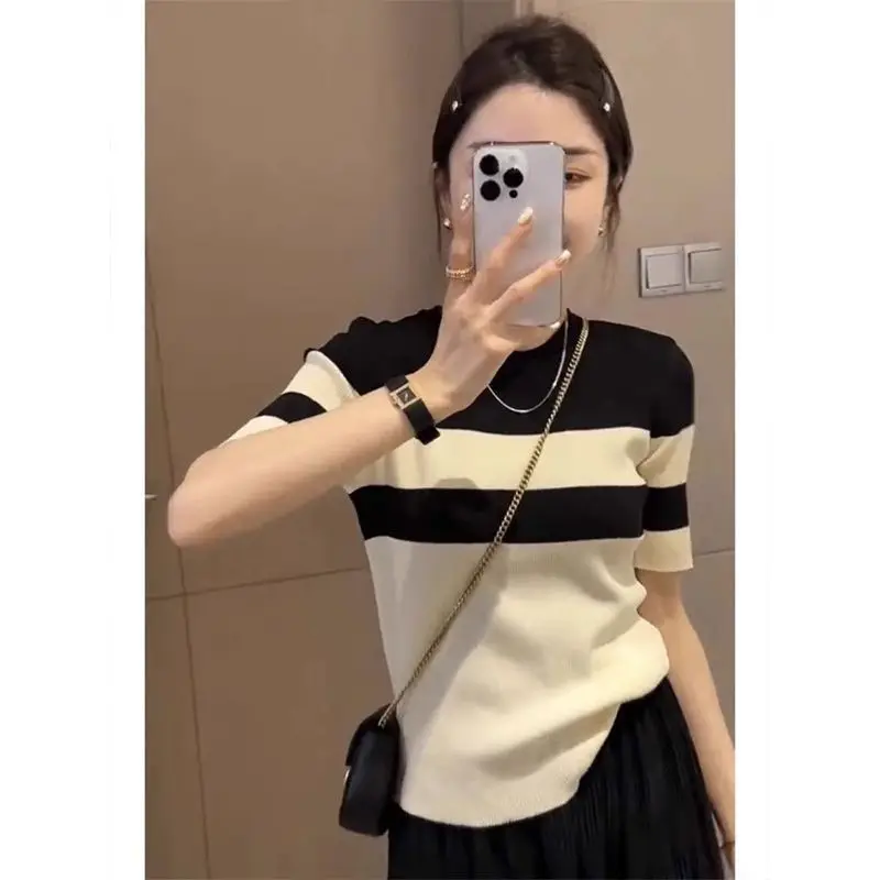 

Women's Clothing Strip Thin Tshirts Summer Fashion Round Neck Basic Ice Silk Top Lady Color Blocked Casual Short Sleeve Pullover