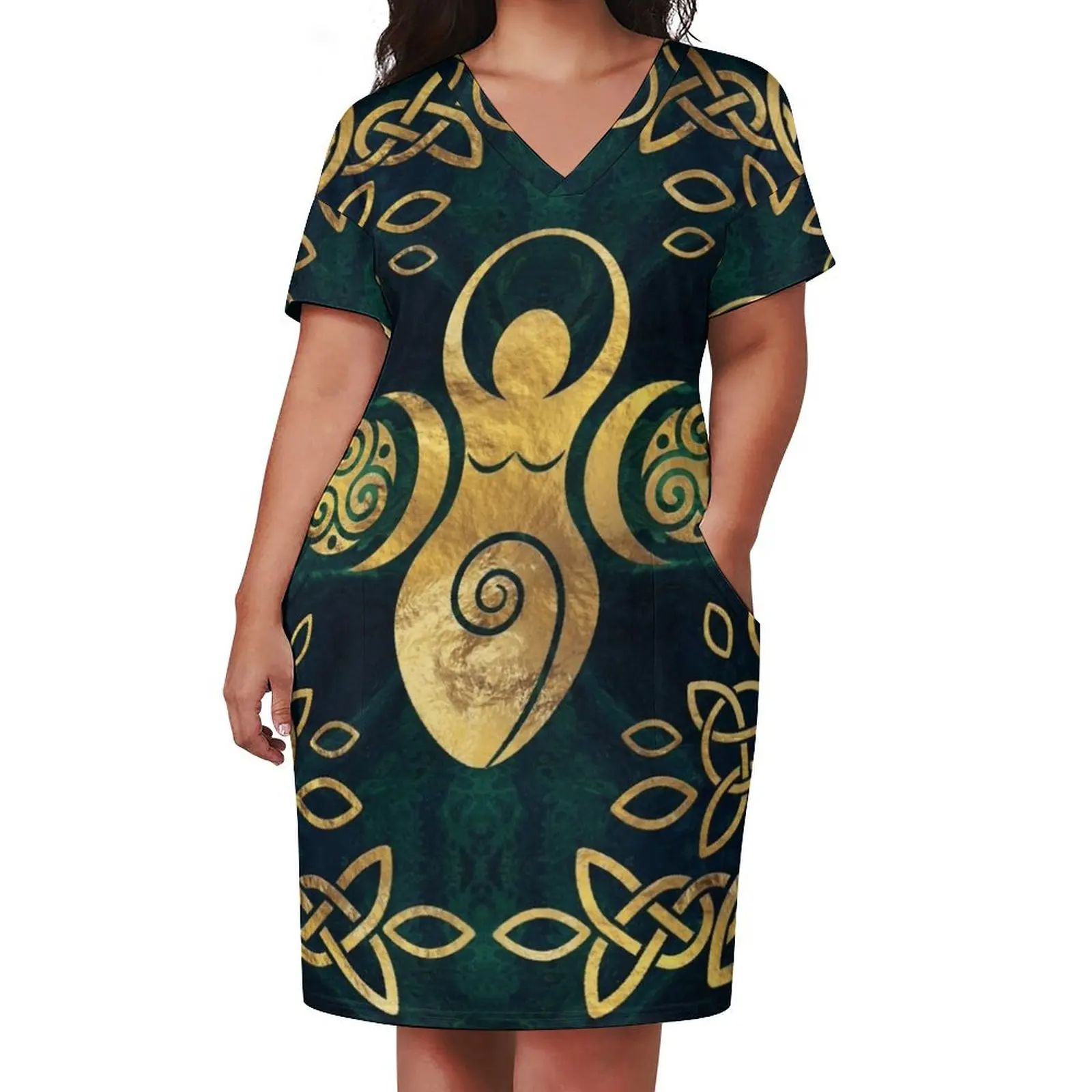 Triple Goddess with triskele - gold on shimmer green Loose Pocket Dress Long veiled dresses Evening dresses fairy dress