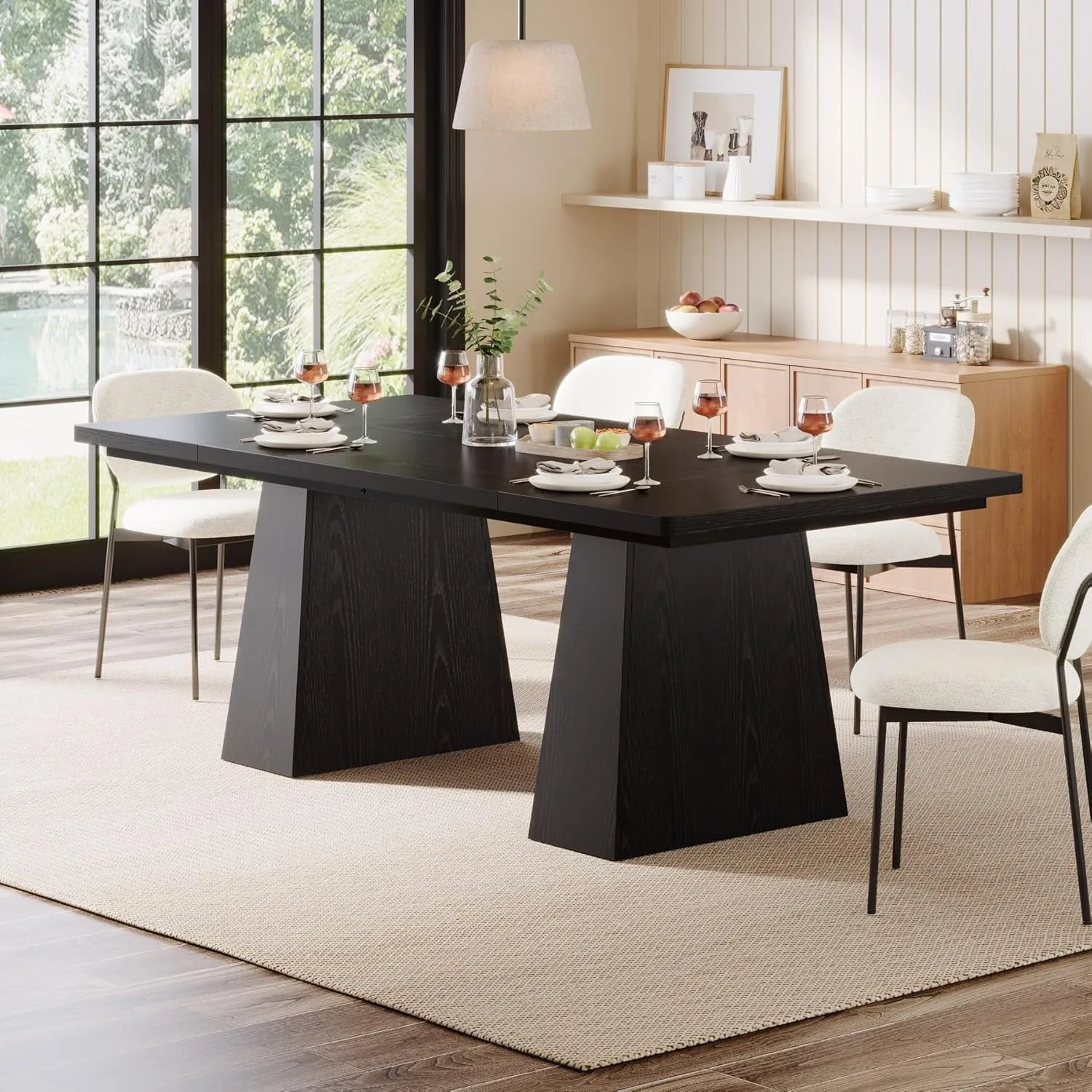 LITTLE TREE Black Dining Table for 4-6, Modern Kitchen Table with Tapered Wood Legs and Tabletop for Kitchen, Living Room image 2