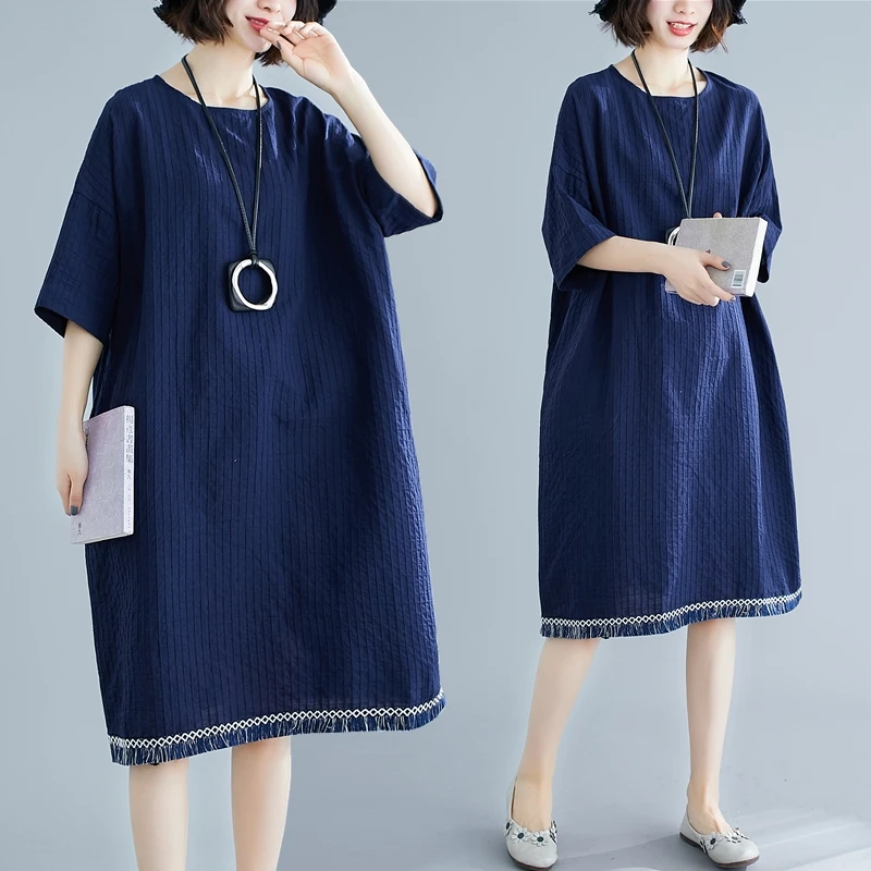 

Loose Cotton Linen Midi Dr Faionable Artistic plus Size Women's Summer Dr Slimming A-Line Gown Comfortable round Ne