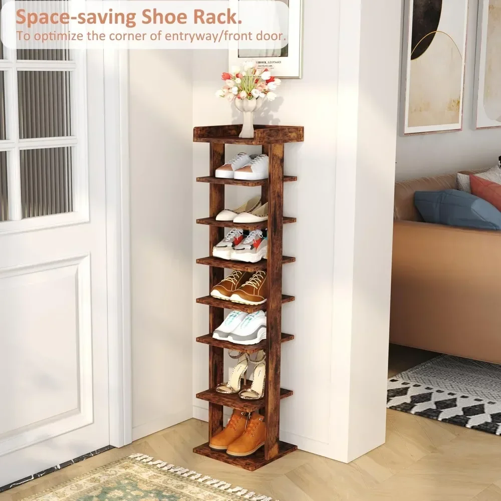 

7-Tier Wood Shoe Rack, Entryway Shoes Tower,Vertical Shoes Organizer, Wooden Shoe Storage Stand(Rustic Brown)